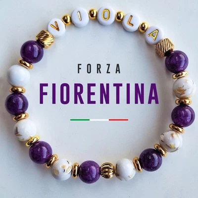 Bracciale FIORENTINA 💜🤍 Pietre Naturali - Braccialetto Perle Squadra Calcio - Immagine 1 di 4