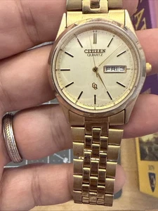 Citizen Men’s Watch Classic 1990s Day/date CQ Gold Tone 6101 New Battery - Picture 1 of 14
