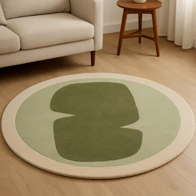 Soft Hand Tufted Beige & Green Area Rug, Round Area Rug for Living Room, Bedr - Image 1 of 4