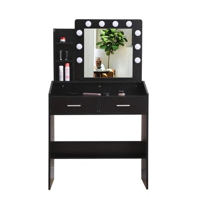 Diana Vanity Set with Shelves Cushioned Stool and Lighted Mirror- Black - image 1 of 4