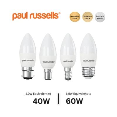 LED Candle 4.9W=40W/6.5W=60W BC/ES/SBC/SES 2700K 4000K 6500K 1/6/10 Bulbs - Image 1 of 2