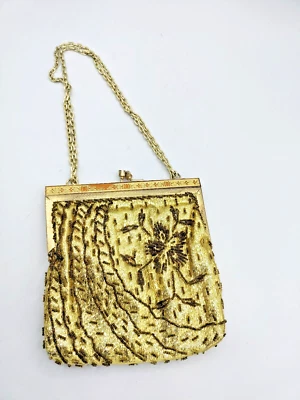 Vintage Beaded Gold Purse Evening Handbag Satin Lining Chain Kiss Lock Hong Kong - Image 1 of 4