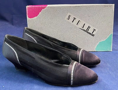 Zapatos de noche y caja vintage Stuart Weitzman negro esmoquin satinado estrás 1980 Foto 1 de 3