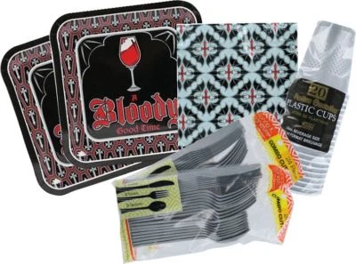 Platos de papel, servilletas, tazas, utensilios para fiesta de vampiros de Halloween para 16 personas  Foto 1 de 4