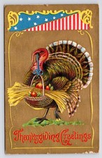 c1908~Thanksgiving Turkey~Patriotic Flag~Harvest Basket~Embossed~VTG Postcard