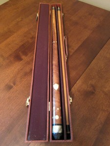 Vtg 2 Pc Hand Craved Wood Inlay Mother Of Pearl Pool Cue Stick With Case - 57"
