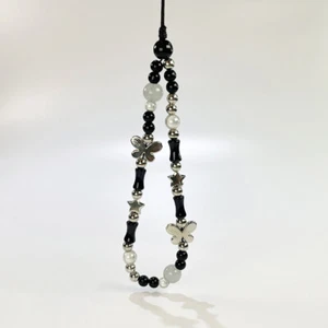 Fashion Butterfly Mobile Phone Lanyard Wristband Black Beaded Phone Straps - Zdjęcie 1 z 5
