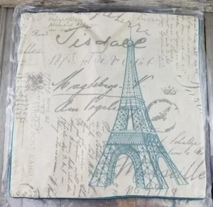 Paris Eiffel Tower throw pillow cover 17x17 beige gray script embroidered blue  - Picture 1 of 8