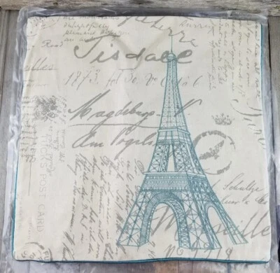Paris Eiffel Tower throw pillow cover 17x17 beige gray script embroidered blue  - Image 1 of 4