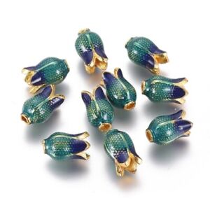 10x Light Gold Alloy Enamel CadetBlue Flower Beads Caps Loose Bead Cones 11x7mm