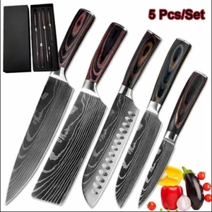 5 Stück Damastmesser Kochmesser Set Profi Japanisches Küchenmesser Hackmesser DE - Bild 1 von 14