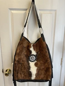 Rhinestone Cowgirl Hand Crafted Large Shoulder Bag Cow Hair Vegan Leather Fringe - Picture 1 of 14