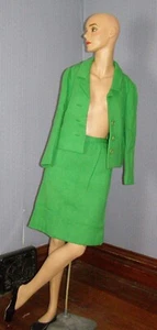 Vintage 60's kelly green skirt suit RIBBED TEXTURE gold chain XS S A-line MOD - Picture 1 of 14