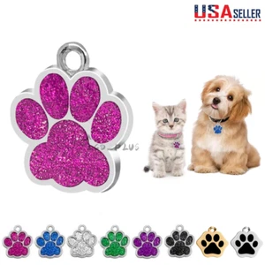 Personalisierte Pfote Glitzer Hundemarken Gravur Katze Welpe Haustier ID Name Halsbandanhänger Neu - Bild 1 von 18