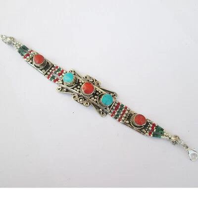 Turquoise Coral Ethnic Bracelet Statement With Gemstones Himalayan Jewelry B109 - Image 1 of 4