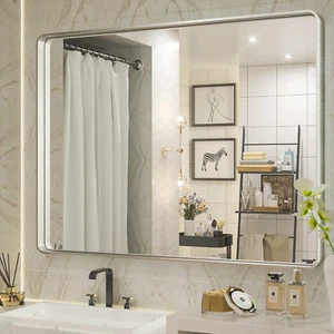 40 X 30 Inch Bathroom Mirror, Silver Framed Wall Mounted Brushed Nickel Metal Re - Picture 1 of 6