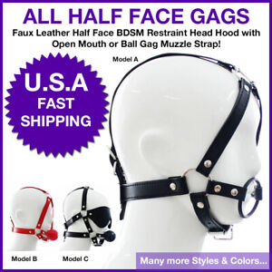 Faux Leather Head Hood Open Mouth Gag Muzzle Strap Half Face BDSM Restraint
