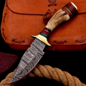 Vintage handmade Damascus Steel Fixed Blade Hunting Knife stag antler handle - Picture 1 of 5