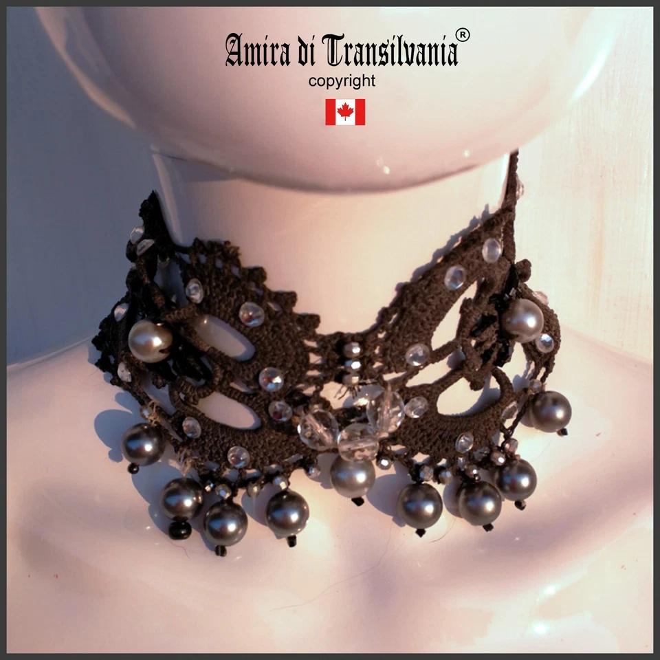 choker jewelry woman necklace gray collier macramè embroidered collar grey pearl - Image 1 of 4