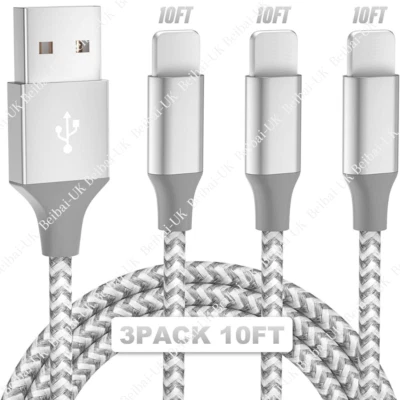 3 Pack 10ft USB Charger Cable Braided For iPhone SE 11 XR 8 7 Fast Charging Cord - Image 1 of 4