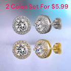 2 Color Set Gold, Silver Plated Stud Earrings With Cubic Zirconia For Men, Women