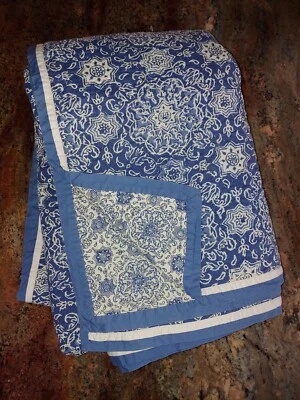 Pottery Barn Kristine F/Q Reversible Medallion Blue Block Print Quilt 86x90 - Image 1 of 4