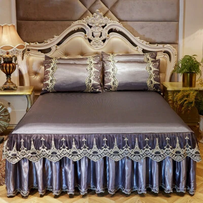 Summer Ice Silk 3pc Lace Bed Skirt European Non-slip Bed cover Soft Sleeping Mat - Image 1 of 4