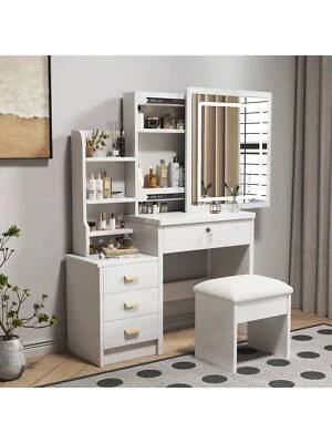 Vanity Desk with Lighted Mirror and Stool, Makeup Table with Sliding LED Lighted - Image 1 of 4