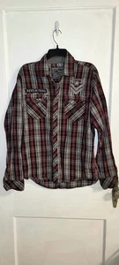 Affliction Shirt Mens L Burgundy/Gray Plaid Patches Metal Button Up Long Sleeve - Picture 1 of 3