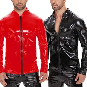 Herren Glänzende Latex Tops Wetlook PVC Leder Langarm T-Shirts Reißverschluss Jacke T-Shirts - Bild 1 von 12