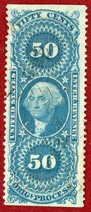 US 1862-71, #R60b, 50c Original Process,Part Perf, Used, Cut Cancel, SCV $5,000. - Picture 1 of 2