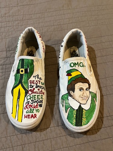 Scarpe slip on VANS Off the Wall "ELF" Natale personalizzate dipinte a mano M 5 5 W 7
