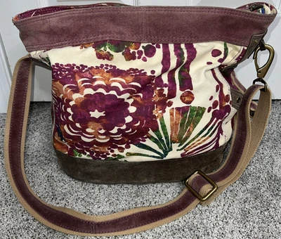 Lucky Brand Floral Canvas Suede Crossbody Shoulder Slouchy Bag Boho Satchel Tote - Image 1 of 4
