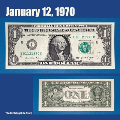 January 12, 1970 Birthday Anniversary $1 One Dollar Bill Serial Number 01121970 - Image 1 of 2