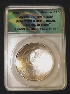 2014 FRANCE €10 FIFA WORLD CUP BRAZIL FIRST DAY OF ISSUE ANACS PR 69 DCAM - Picture 1 of 2