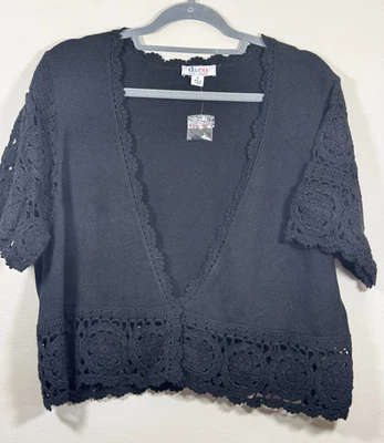Denim & Co Open Crop Sweater Lace Trim Bolero Shrug Cardigan Black  XL - Image 1 of 4