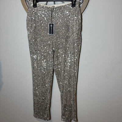 Pantalón para mujer Cable and Gauge con lentejuelas plateadas talla S/P/Ch pierna recta. Nuevo con etiquetas Foto 1 de 4