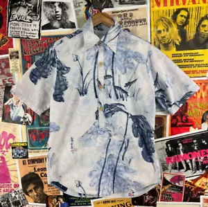 Vintage Blue Surf Line Hawaii Novelty Watercolor Print Aloha Polo Shirt Men M - Picture 1 of 15