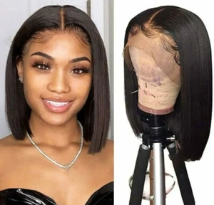 Human Hair HD Front Lace Wig 10 Inch Bob Short Black Brazilian Style Dye Heat Ok - Picture 1 of 6