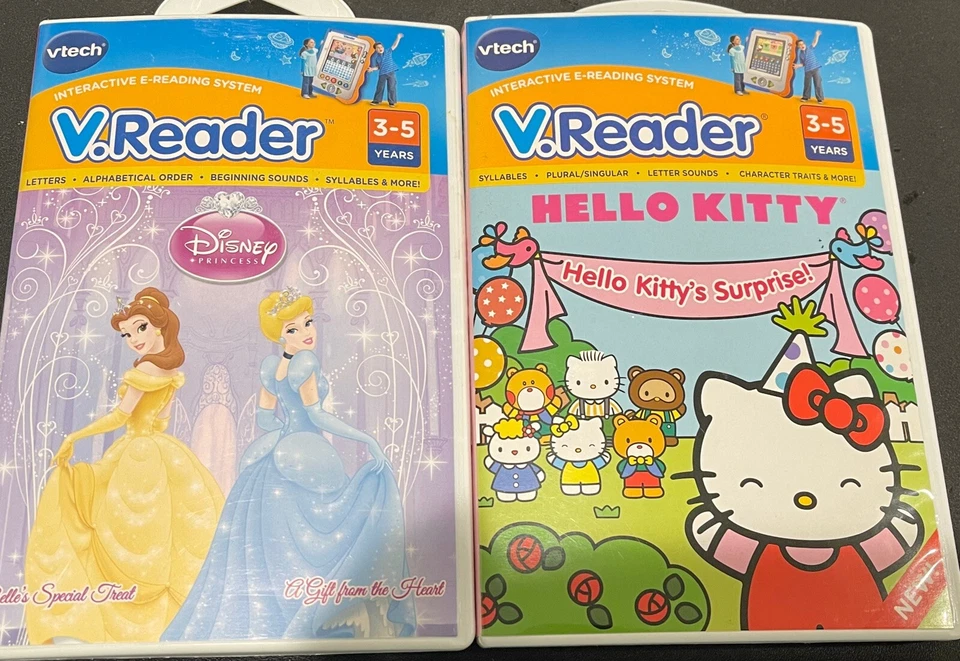 VTECH V.Reader 2 Game Lot Disney Princess, Hello Kitty Ages 3-5 - Image 1 of 4