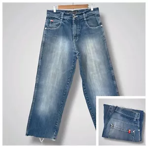 Vintage Southpole Red Tab Jeans Mens 30x28 Raw Hem Wide Leg Baggy Y2K Fade Wash - Picture 1 of 13