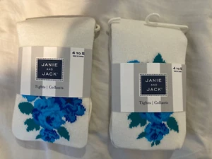 4 5 T Janie und Jack SET 2 PAAR elfenbein blau Blumen Strumpfhosen NEU KLEINKIND MÄDCHEN - Bild 1 von 2