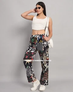 Pantalone lungo donna indiano cotone patchwork elastico in vita colore nero sciolto - Foto 1 di 8