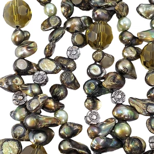 Baroque FRESHWATER PEARL and GLASS Bead Rope Tie NECKLACE or BELT Metallic Green - Picture 1 of 5