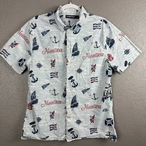 Nautica Short Sleeve Button Up Shirt Skull Anchor Sailboat Sea Mens Sz Medium - Picture 1 of 10