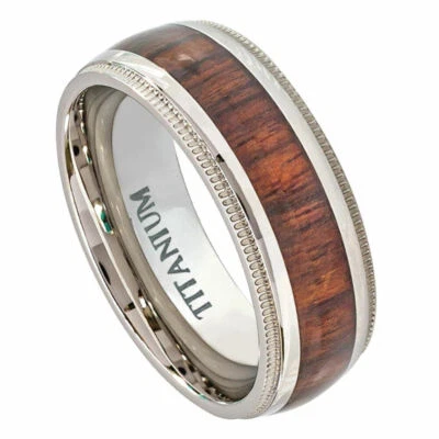 8mm Men's Genuine Titanium Milgrain Hawaiian Wood Inlay Wedding Band Ring  - Image 1 of 3