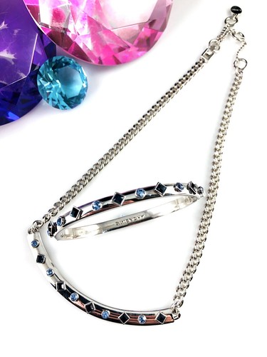 RARE GIVENCHY SILVER TONE SAPPHIRE SKY BLUE RHINESTONE BAR NECKLACE BRACELET SET