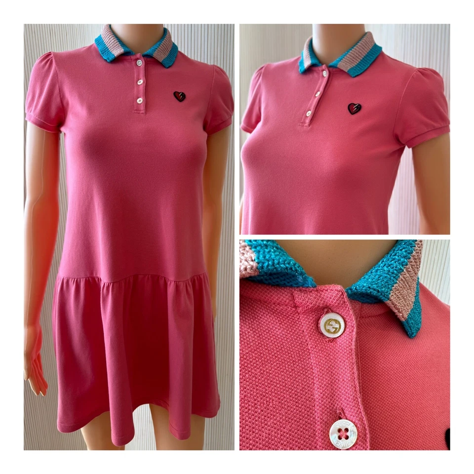 Dress Gucci Sz 12 Kids Girls Pink Rose Elegant Heart Blue Silver Cotton School - Image 1 of 4