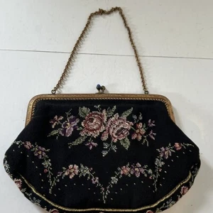 Vintage Embroidered  Petite Point Tapestry Framed Purse Bag Roses Antique - Picture 1 of 7