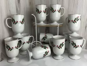 1 Vintage Christmas Holly Pedestal Mug Fine Porcelain Made in Japan Replacement - Picture 1 of 4